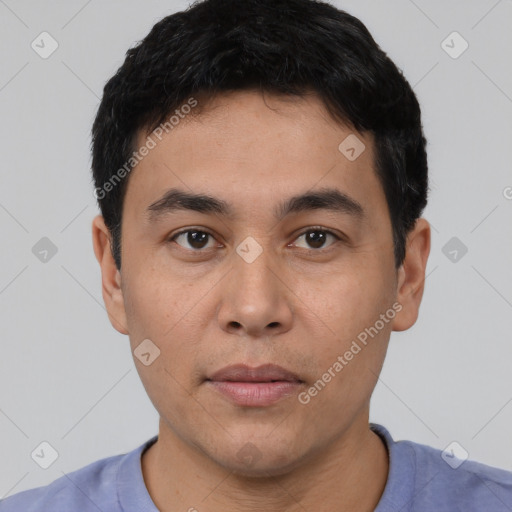 Neutral asian young-adult male with short  black hair and brown eyes