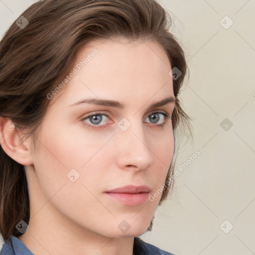 Neutral white young-adult female with medium  brown hair and grey eyes