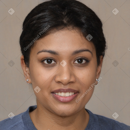 Joyful latino young-adult female with short  brown hair and brown eyes