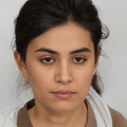 Neutral asian young-adult female with medium  brown hair and brown eyes