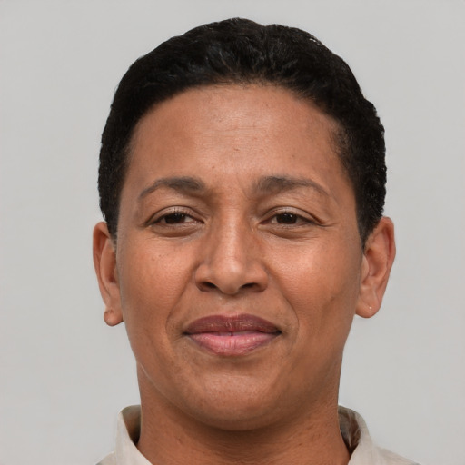 Joyful latino adult female with short  brown hair and brown eyes