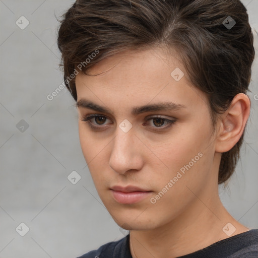 Neutral white young-adult female with medium  brown hair and brown eyes