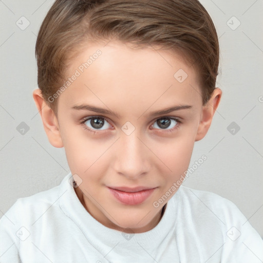 Joyful white child female with short  brown hair and brown eyes