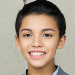 Joyful latino young-adult female with short  black hair and brown eyes