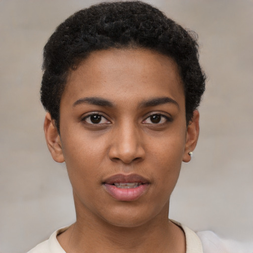 Neutral black young-adult female with short  brown hair and brown eyes
