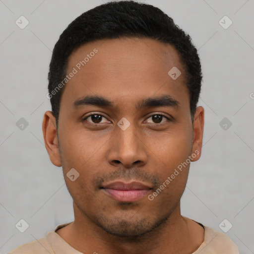 Neutral latino young-adult male with short  black hair and brown eyes