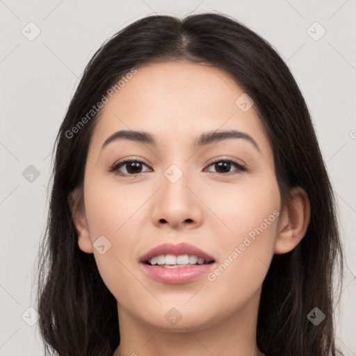 Joyful white young-adult female with long  brown hair and brown eyes