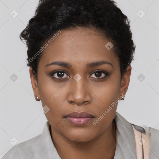 Neutral black young-adult female with short  black hair and brown eyes