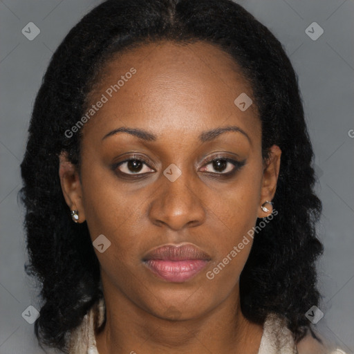 Neutral black young-adult female with long  brown hair and brown eyes