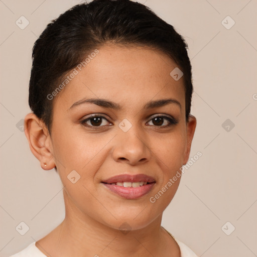 Joyful white young-adult female with short  brown hair and brown eyes