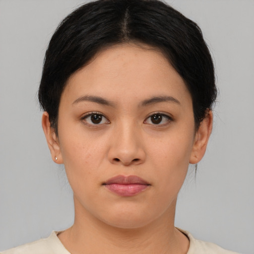 Neutral asian young-adult female with short  black hair and brown eyes