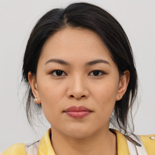 Neutral asian young-adult female with medium  black hair and brown eyes
