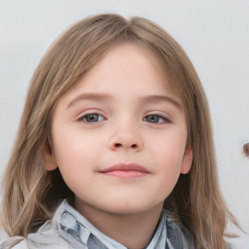 Neutral white child female with medium  brown hair and grey eyes