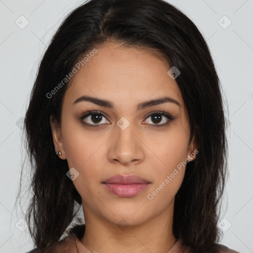 Neutral latino young-adult female with long  brown hair and brown eyes