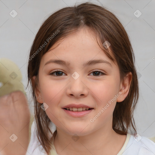 Joyful white child female with medium  brown hair and brown eyes