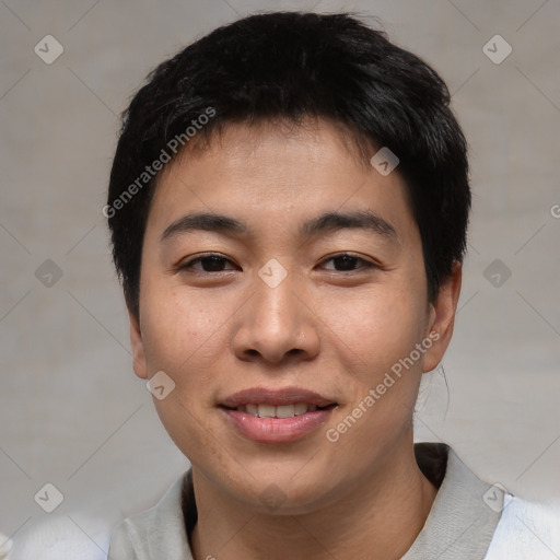 Joyful asian young-adult male with short  black hair and brown eyes