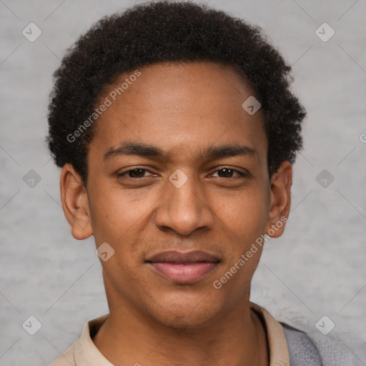 Joyful latino young-adult male with short  brown hair and brown eyes