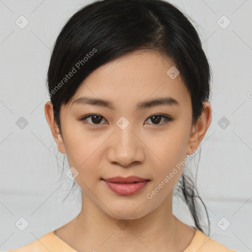 Joyful asian young-adult female with medium  black hair and brown eyes