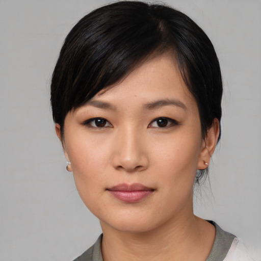 Neutral asian young-adult female with medium  black hair and brown eyes