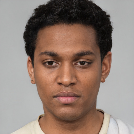 Neutral black young-adult male with short  black hair and brown eyes