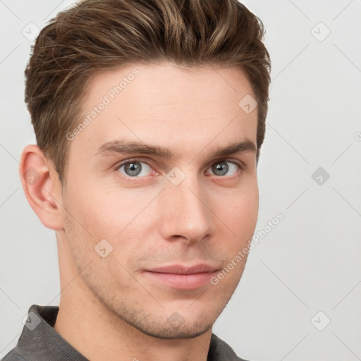 Neutral white young-adult male with short  brown hair and grey eyes