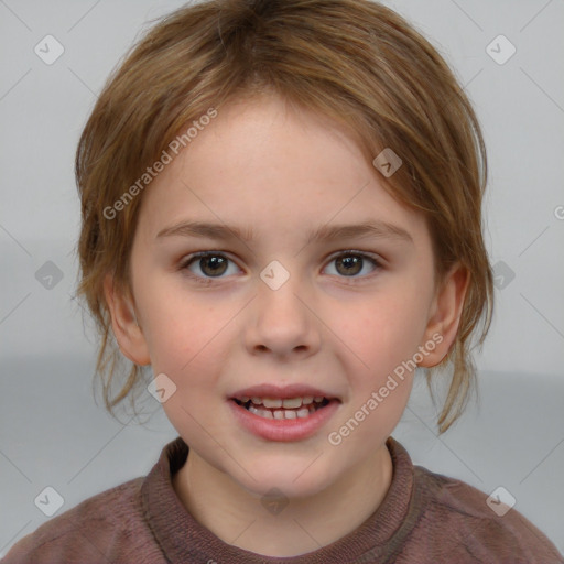 Joyful white child female with medium  brown hair and brown eyes