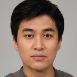 Neutral asian young-adult male with short  black hair and brown eyes