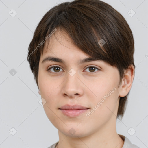 Neutral white young-adult female with medium  brown hair and brown eyes