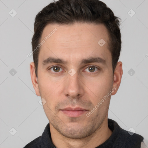 Neutral white adult male with short  brown hair and brown eyes