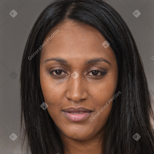 Joyful asian young-adult female with long  brown hair and brown eyes