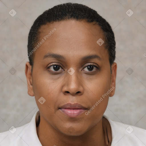 Neutral black young-adult female with short  brown hair and brown eyes