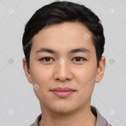 Joyful white young-adult male with short  black hair and brown eyes