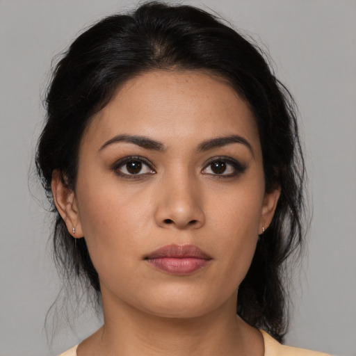 Neutral asian young-adult female with medium  brown hair and brown eyes