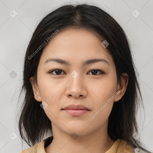 Neutral asian young-adult female with medium  brown hair and brown eyes