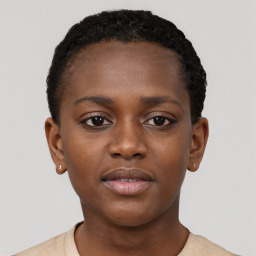 Neutral black young-adult female with short  black hair and brown eyes