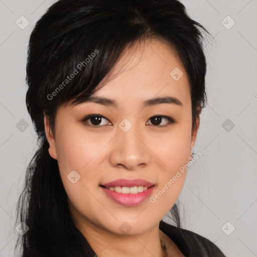 Joyful asian young-adult female with medium  black hair and brown eyes