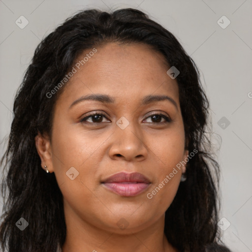 Joyful latino young-adult female with long  brown hair and brown eyes