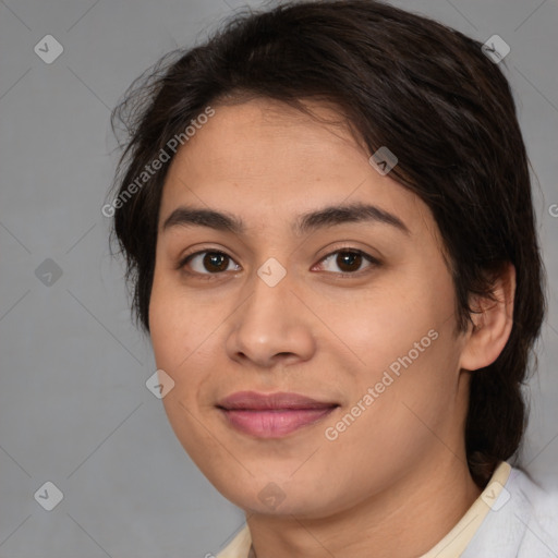 Joyful white young-adult female with medium  brown hair and brown eyes