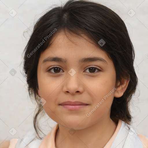 Joyful white child female with medium  brown hair and brown eyes