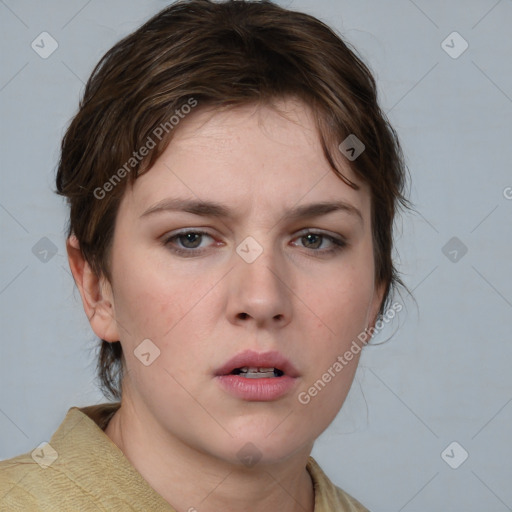 Neutral white young-adult female with medium  brown hair and brown eyes