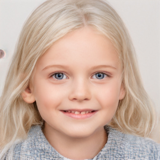 Joyful white child female with medium  blond hair and blue eyes