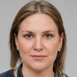 Joyful white adult female with medium  brown hair and grey eyes