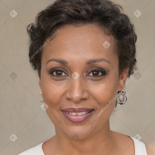 Joyful white adult female with short  brown hair and brown eyes