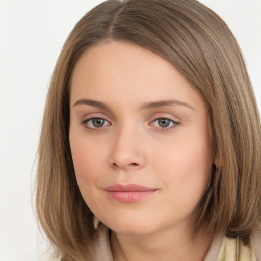 Neutral white young-adult female with medium  brown hair and brown eyes