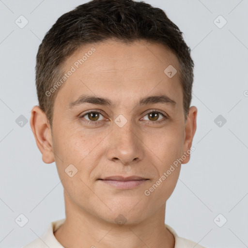 Joyful white young-adult male with short  brown hair and brown eyes