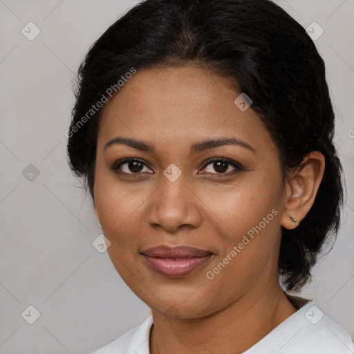 Joyful black young-adult female with medium  brown hair and brown eyes