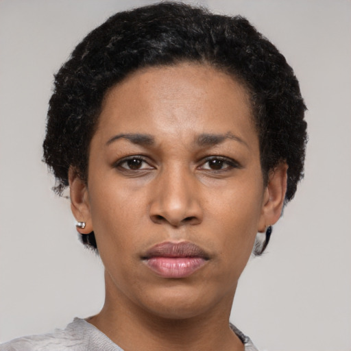 Neutral latino young-adult female with short  black hair and brown eyes