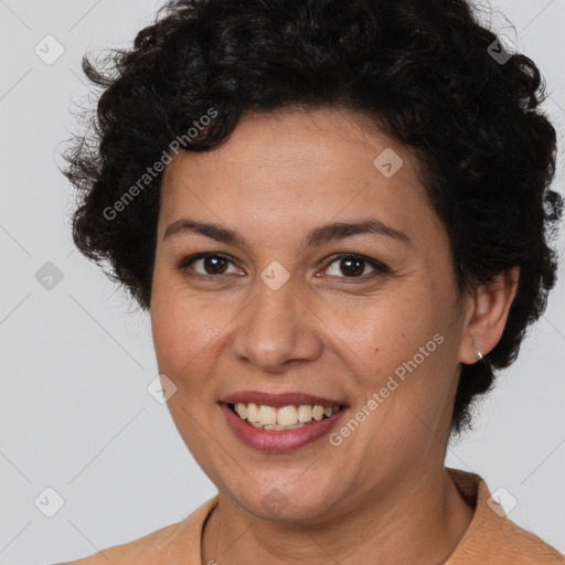 Joyful white adult female with short  brown hair and brown eyes