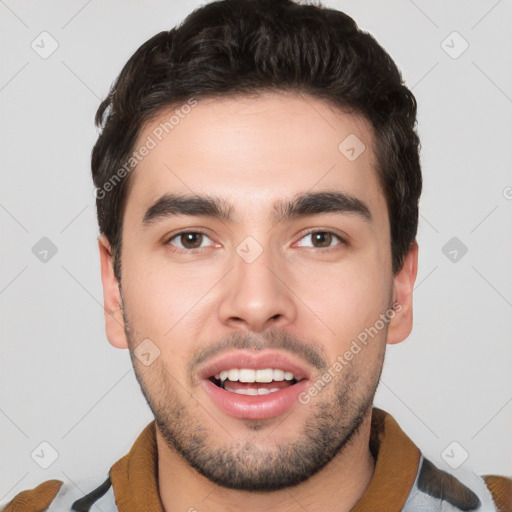 Joyful white young-adult male with short  black hair and brown eyes