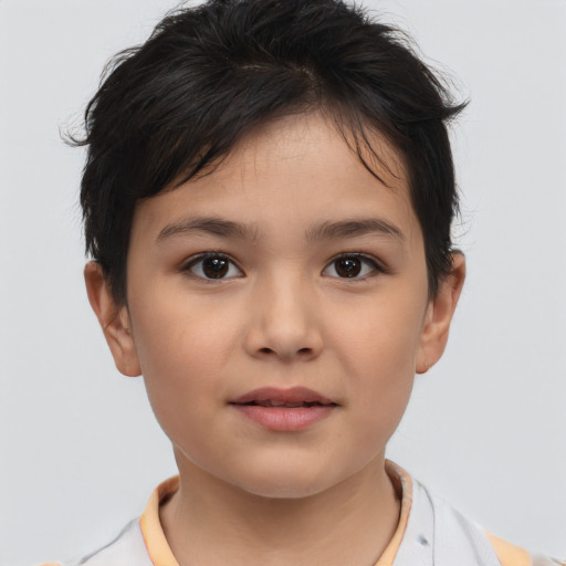 Joyful white child female with medium  brown hair and brown eyes